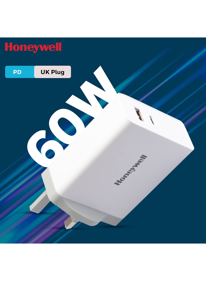 Honeywell Zest Charger PD60W, ECAS Certified, With Type C PD 2.0 & USB-A Port, Qualcomm Compliant, Quick Charge 3.0 Tech, Compatible for iPhone, MacBook Air, iPad Pro, Pixel, Galaxy, Laptops, etc. White - Image 1