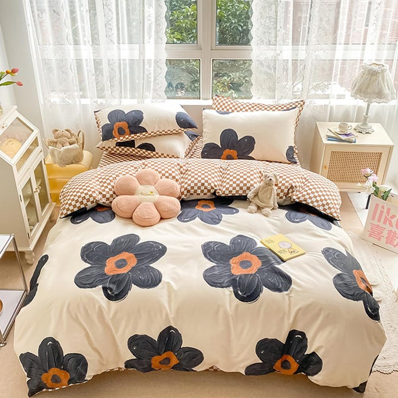 CLOTHKNOW Black Floral TwinTwin XL Comforter Set 3Pcs Sunflower Bedding Comforter Sets Soft Pumpkin Grid Comforter Boho Comforter with 2 x Pillow Cases