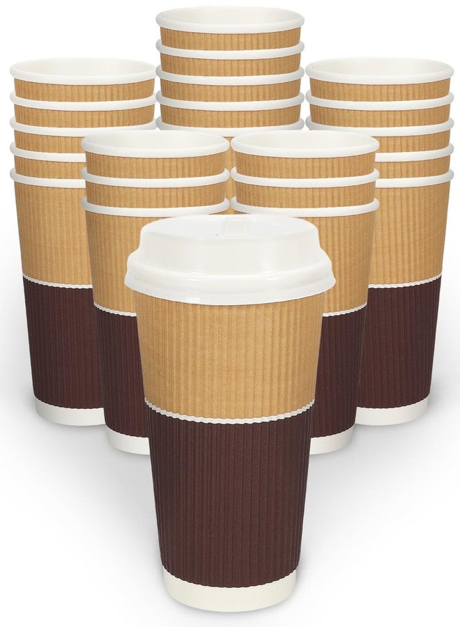 JarThenaAMCS 100 Pcs Fall Disposable Coffee Cups with Lids 12 Oz Brown White Paper Cups Corrugated Ripple Wall Insulated Hot Cups for Home Office Party Supplies - Image 1