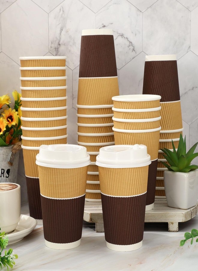 JarThenaAMCS 100 Pcs Fall Disposable Coffee Cups with Lids 12 Oz Brown White Paper Cups Corrugated Ripple Wall Insulated Hot Cups for Home Office Party Supplies - Image 5