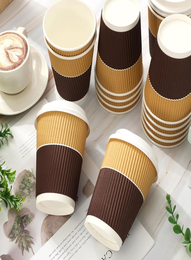 JarThenaAMCS 100 Pcs Fall Disposable Coffee Cups with Lids 12 Oz Brown White Paper Cups Corrugated Ripple Wall Insulated Hot Cups for Home Office Party Supplies - Image 3