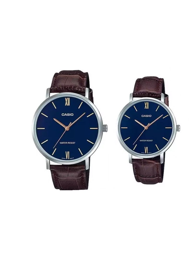 CASIO - Casio Analog Leather Band Blue Dial Couple Watch MTP/LTP-VT001L-2BUDF - Image 1