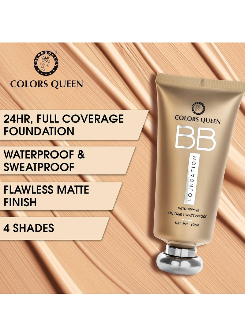 COLORS QUEEN BB Liquid Foundation Primer 04 Natural Almonds 60Ml Matte Finish Easy To Blend Full Coverage Oil Free Waterproof Face Makeup All  - Image 2