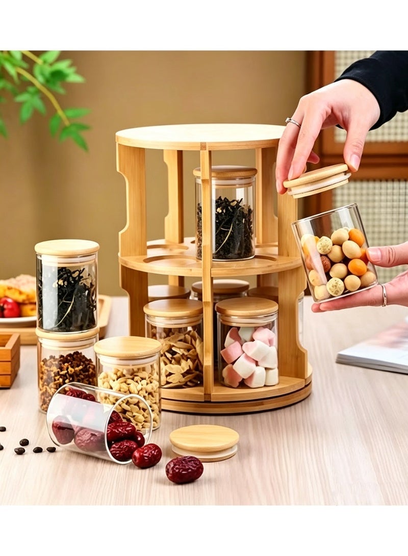 Arabest 360° Rotating Bamboo Spice Rack Organizer with Glass Jars & Lids – Space Saving Kitchen Countertop Seasoning Rack Set, Modern Wooden Spice Holder for Herbs, Masala & Condiments Storage (Multi-Tier Carousel Design) - Image 5