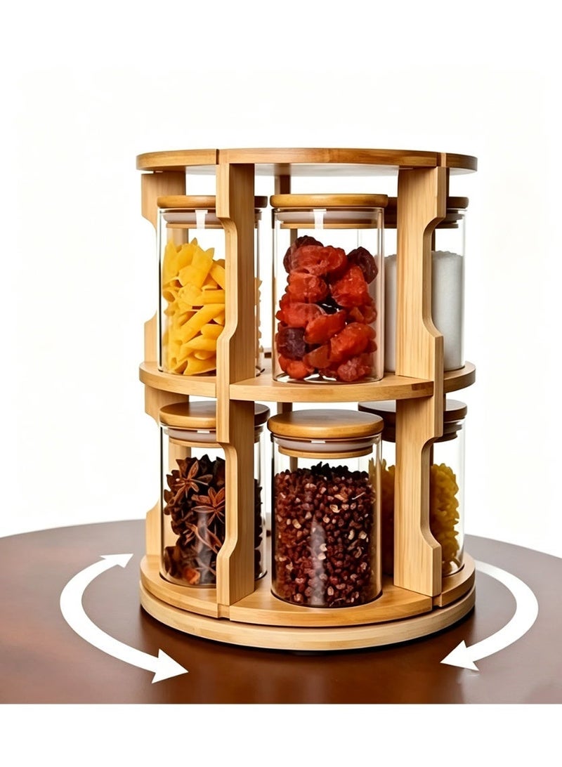 Arabest 360° Rotating Bamboo Spice Rack Organizer with Glass Jars & Lids – Space Saving Kitchen Countertop Seasoning Rack Set, Modern Wooden Spice Holder for Herbs, Masala & Condiments Storage (Multi-Tier Carousel Design) - Image 1