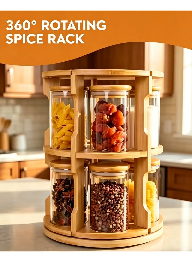 Arabest 360° Rotating Bamboo Spice Rack Organizer with Glass Jars & Lids – Space Saving Kitchen Countertop Seasoning Rack Set, Modern Wooden Spice Holder for Herbs, Masala & Condiments Storage (Multi-Tier Carousel Design) - Image 4