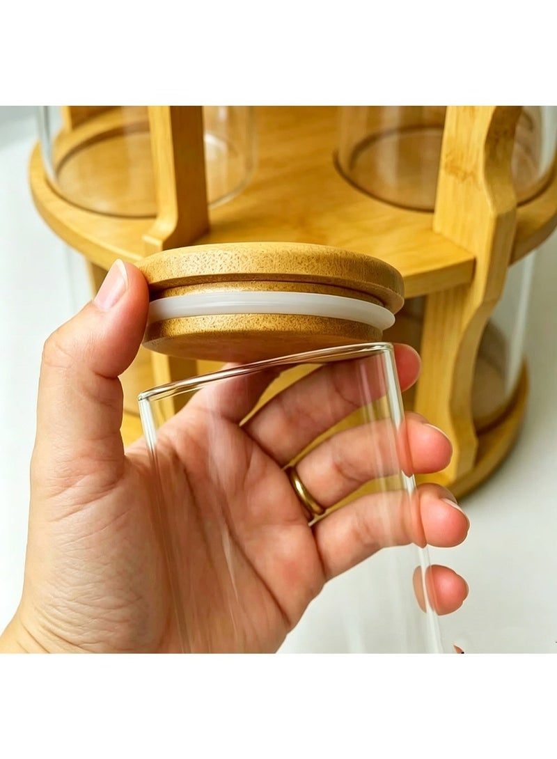 Arabest 360° Rotating Bamboo Spice Rack Organizer with Glass Jars & Lids – Space Saving Kitchen Countertop Seasoning Rack Set, Modern Wooden Spice Holder for Herbs, Masala & Condiments Storage (Multi-Tier Carousel Design) - Image 3