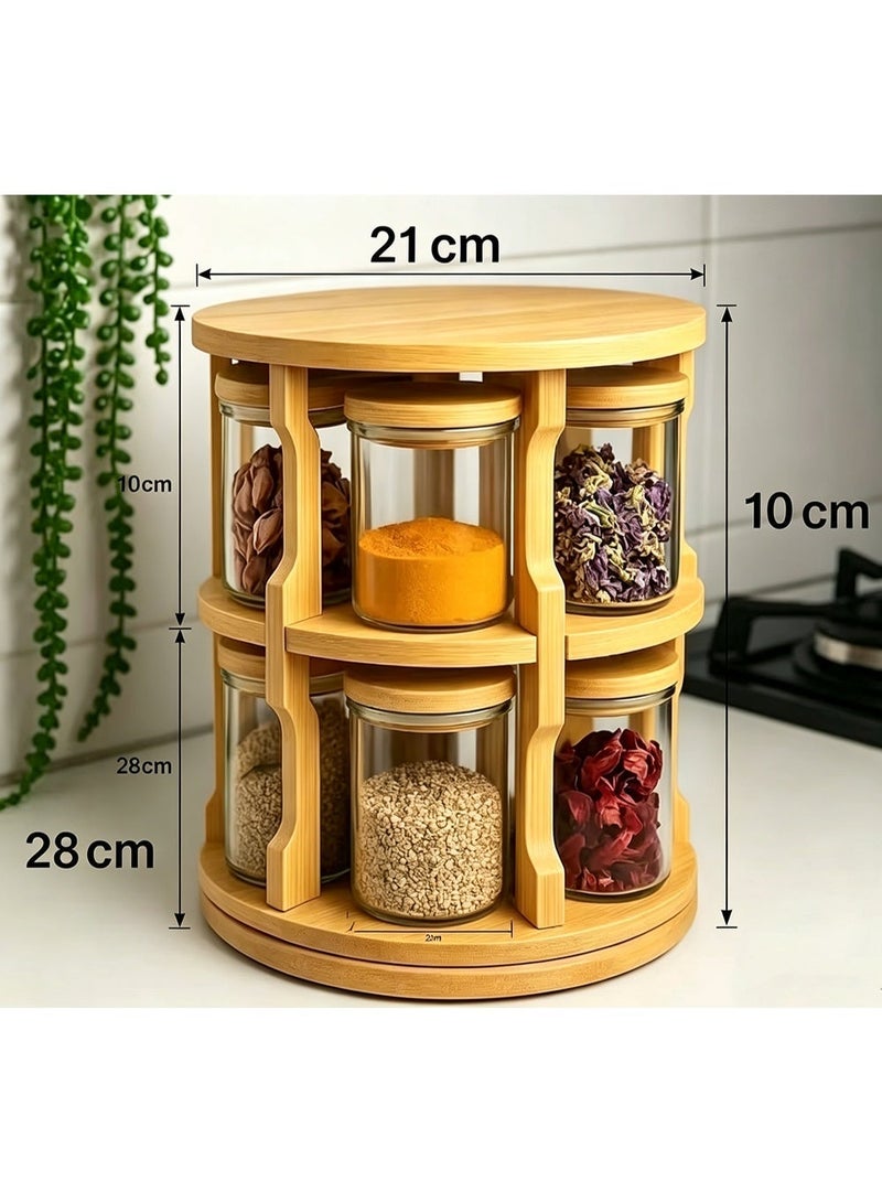 Arabest 360° Rotating Bamboo Spice Rack Organizer with Glass Jars & Lids – Space Saving Kitchen Countertop Seasoning Rack Set, Modern Wooden Spice Holder for Herbs, Masala & Condiments Storage (Multi-Tier Carousel Design) - Image 2