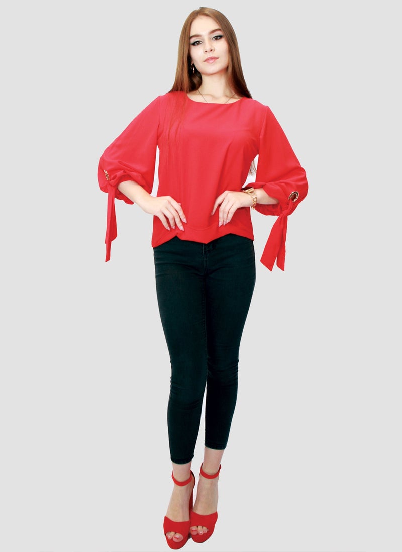 Kidwala Women'S Tops, Tees & Blouses Tie Sleeves, Red Blouse, Round Nick Top With 3/4 Quarter Sleeves Length, Waist Length Blouse - Image 3