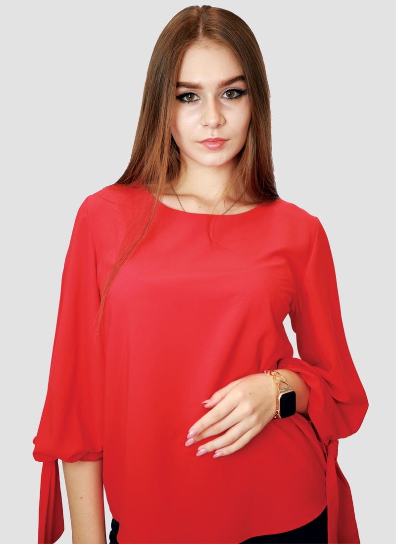 Kidwala Women'S Tops, Tees & Blouses Tie Sleeves, Red Blouse, Round Nick Top With 3/4 Quarter Sleeves Length, Waist Length Blouse - Image 2