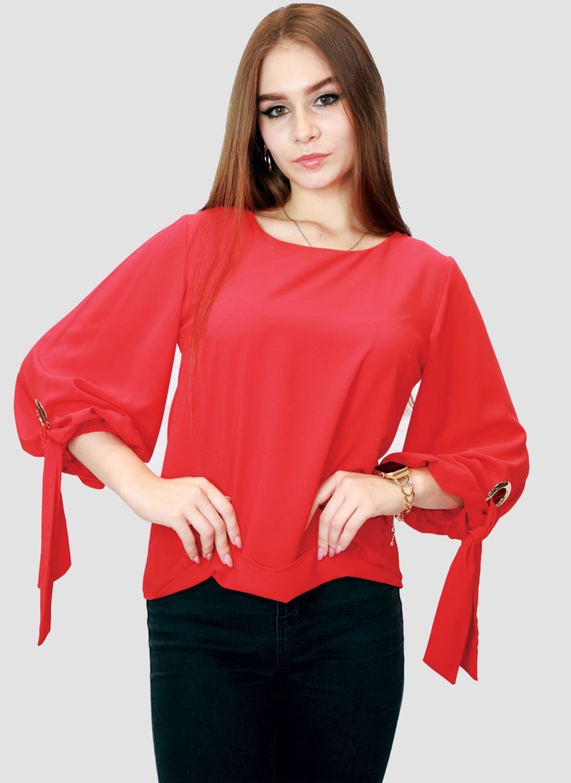 Kidwala Women'S Tops, Tees & Blouses Tie Sleeves, Red Blouse, Round Nick Top With 3/4 Quarter Sleeves Length, Waist Length Blouse - Image 4
