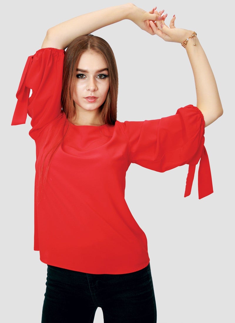 Kidwala Women'S Tops, Tees & Blouses Tie Sleeves, Red Blouse, Round Nick Top With 3/4 Quarter Sleeves Length, Waist Length Blouse - Image 1