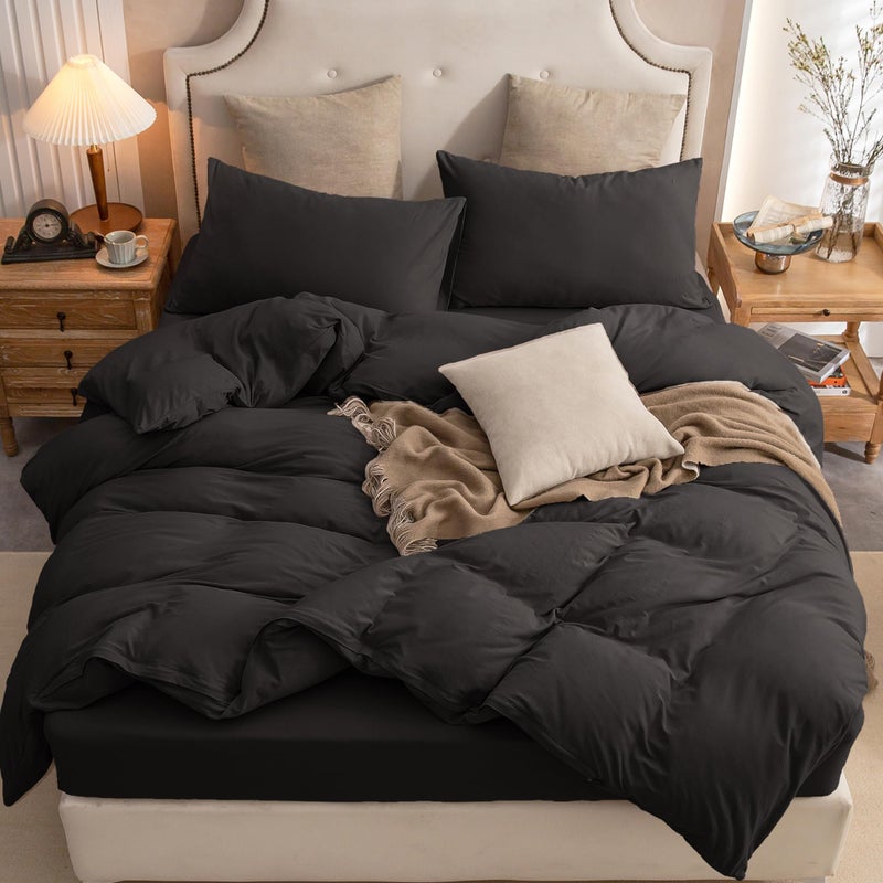PURE ERA PURE ERA Jersey Knit Duvet Cover Set 100% T-Shirt Cotton Super Soft Comfy 3pc Bedding Set with Zipper Closure (Solid Black  Cal King) - Image 1