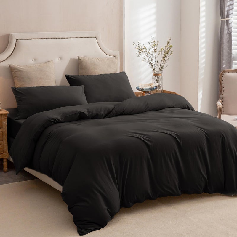 PURE ERA PURE ERA Jersey Knit Duvet Cover Set 100% T-Shirt Cotton Super Soft Comfy 3pc Bedding Set with Zipper Closure (Solid Black  Cal King) - Image 4