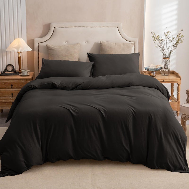 PURE ERA PURE ERA Jersey Knit Duvet Cover Set 100% T-Shirt Cotton Super Soft Comfy 3pc Bedding Set with Zipper Closure (Solid Black  Cal King) - Image 5