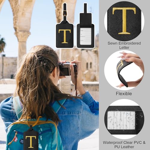 Iqimott Initial Letter Luggage Tag for Suitcase, Cute Luggage Bag, Waterproof PU Leather Travel Luggage Tag, Suitcase Identifier Name Tag, Monogrammed Suitcases Tags, Bag Tags for Handbags(Black T) - Image 5