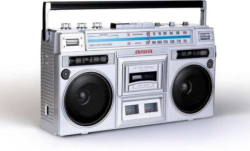 أيوا aiwa Portable Retro Boombox BackTrack Jr, Vintage Bluetooth Speaker with Cassette Player, Bluetooth, FM/AM Radio, USB & AUX for Home, Outdoor, and Travel Listening (Silver) - Image 1