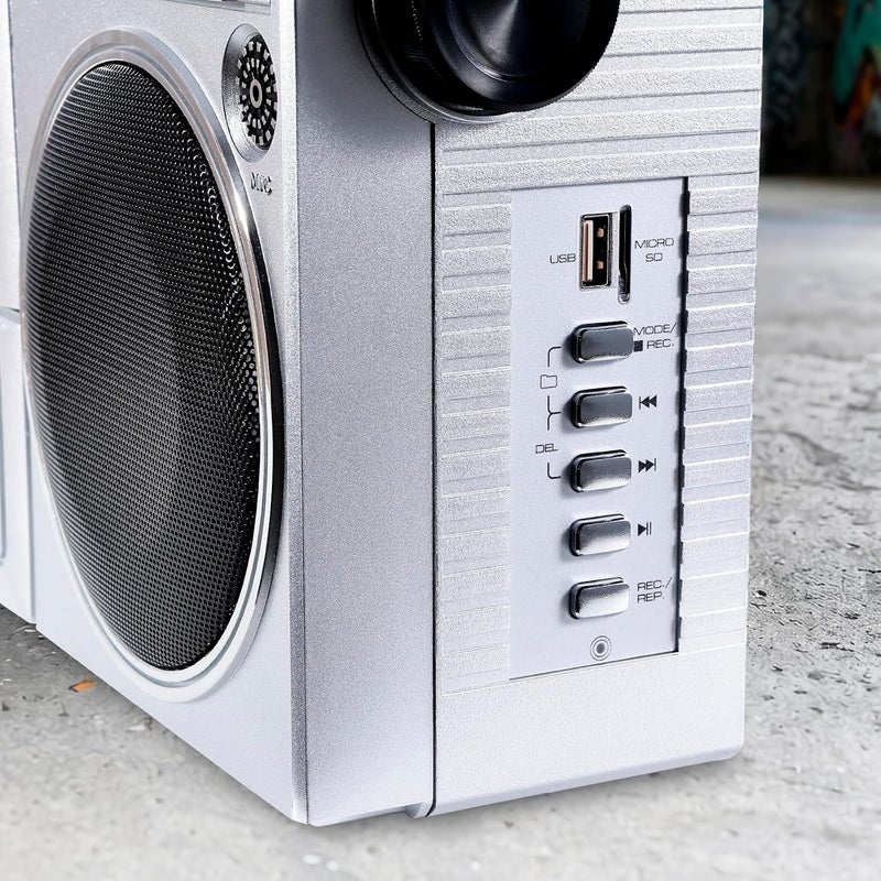 أيوا aiwa Portable Retro Boombox BackTrack Jr, Vintage Bluetooth Speaker with Cassette Player, Bluetooth, FM/AM Radio, USB & AUX for Home, Outdoor, and Travel Listening (Silver) - Image 4
