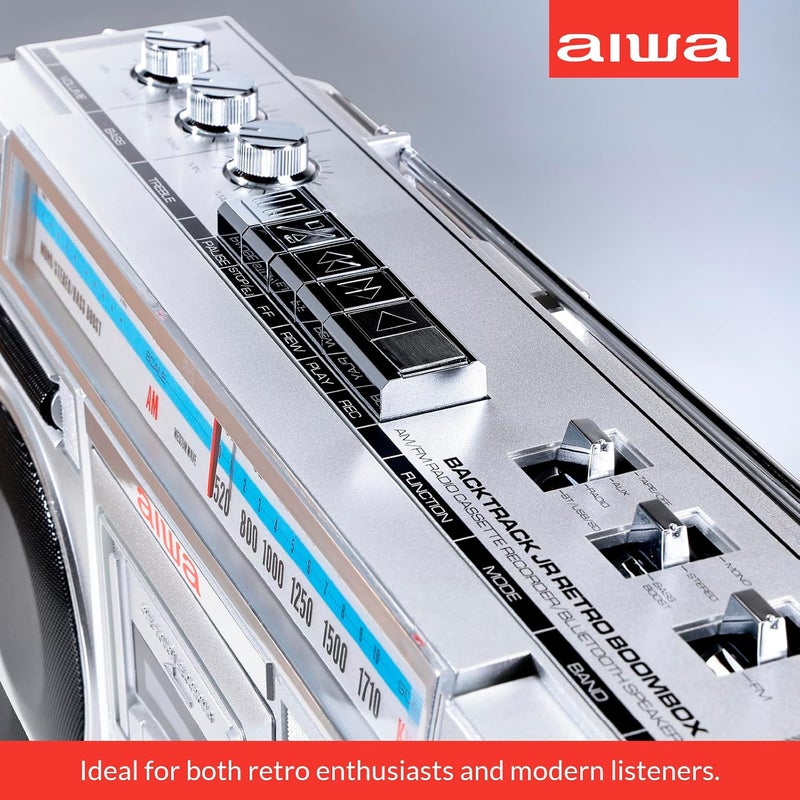 أيوا aiwa Portable Retro Boombox BackTrack Jr, Vintage Bluetooth Speaker with Cassette Player, Bluetooth, FM/AM Radio, USB & AUX for Home, Outdoor, and Travel Listening (Silver) - Image 3