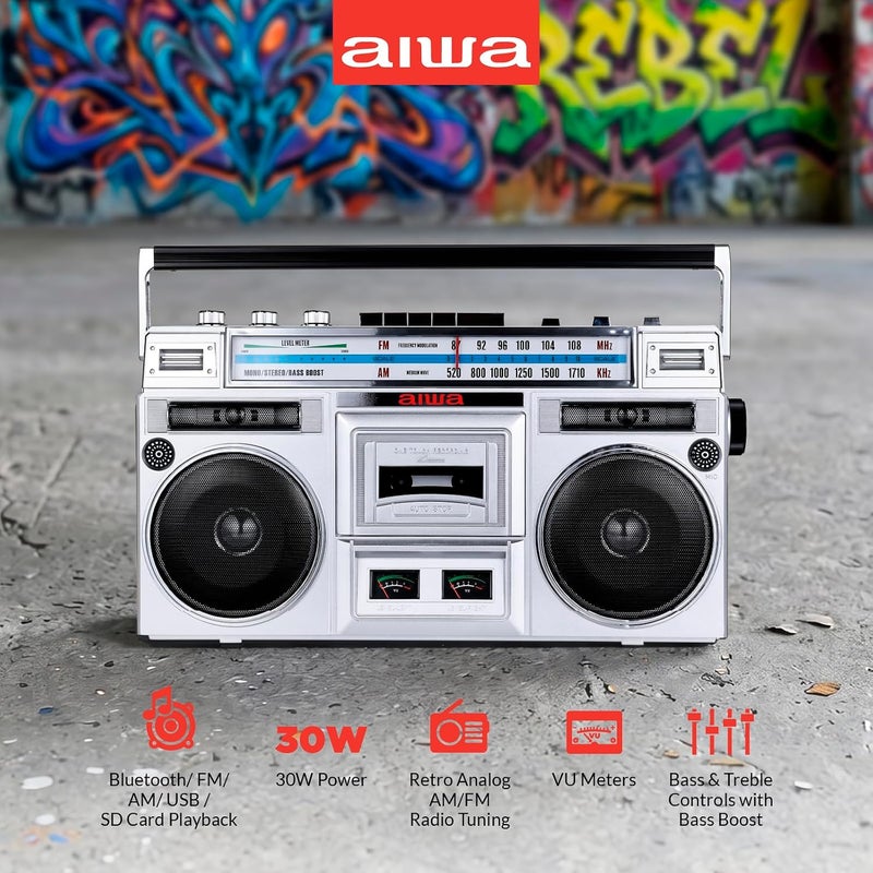 أيوا aiwa Portable Retro Boombox BackTrack Jr, Vintage Bluetooth Speaker with Cassette Player, Bluetooth, FM/AM Radio, USB & AUX for Home, Outdoor, and Travel Listening (Silver) - Image 5