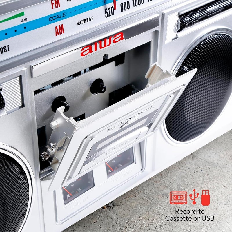 أيوا aiwa Portable Retro Boombox BackTrack Jr, Vintage Bluetooth Speaker with Cassette Player, Bluetooth, FM/AM Radio, USB & AUX for Home, Outdoor, and Travel Listening (Silver) - Image 2