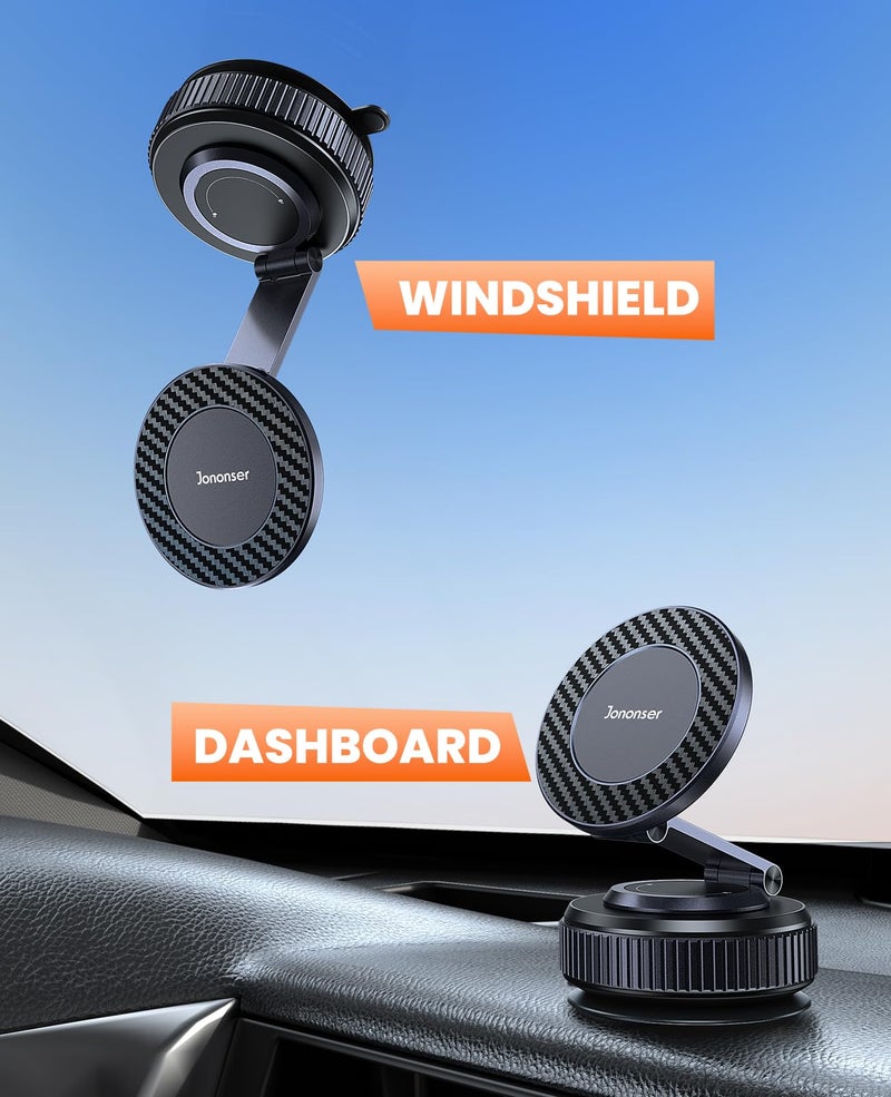 Jononser Suction Phone Mount for Car Dashboard/Windshield - 360Â°Adjustable Magnetic Phone Holder for Car, Foldable Car Phone Holder for iPhone 17/16/15/14/13/12 Series (Carbon Fiber & Aluminum Alloy) - Image 2