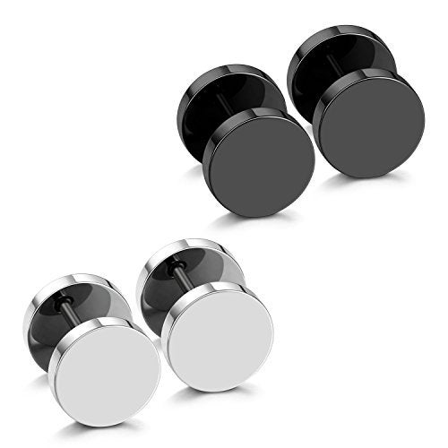 JewelrieShop Black Faux Gauges Plugs Earrings for Men Stainless Steel Dot Disc Studs Circle Flat Back Cheater Tunnel Dumbbell Earrings Women(18 Gauges,2 Pairs,9mm,Black and Silver) - Image 1