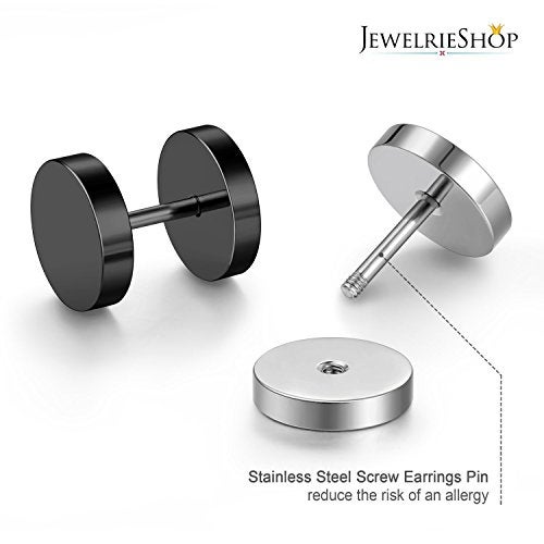 JewelrieShop Black Faux Gauges Plugs Earrings for Men Stainless Steel Dot Disc Studs Circle Flat Back Cheater Tunnel Dumbbell Earrings Women(18 Gauges,2 Pairs,9mm,Black and Silver) - Image 2