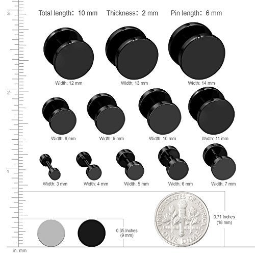 JewelrieShop Black Faux Gauges Plugs Earrings for Men Stainless Steel Dot Disc Studs Circle Flat Back Cheater Tunnel Dumbbell Earrings Women(18 Gauges,2 Pairs,9mm,Black and Silver) - Image 3