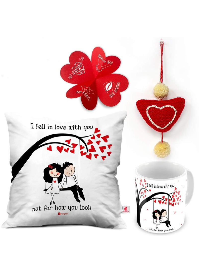 Indigifts - Indigifts Valentine Gifts Hamper Micro Satin Love Quote Romantic Couple On A Swing Cushion Cover with Fibre Filler, Mug and Wool Heart Hanging, Gifts for Girlfriend, Gifts for Wife, Love Gifts - Image 1