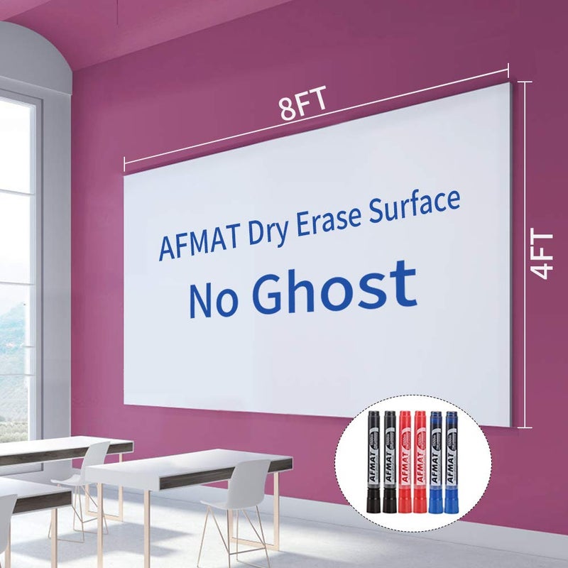 AFMAT Dry Erase Whiteboard Paper, Large White Board Stickers for Wall, 8x4ft Dry Erase Paper Roll with Adhesive Backing, Perfect Replacement for White Board, No Ghost After 60 Days, 6 Much Better Markers - Image 1
