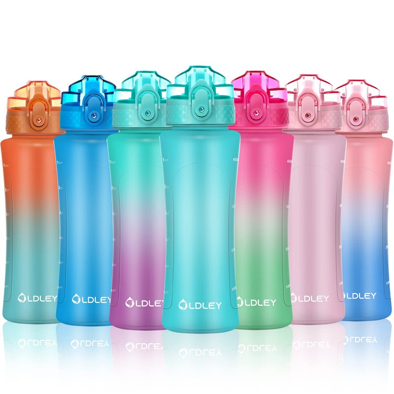 OLDLEY Kids Water Bottle with Straw for School Girls Boys, 15 oz Unbreakable Leak-Proof BPA-Free Motivational Water Bottles with Times to Drink for Travel Sports Gym, 1 Straw Lid, Mint - Image 1