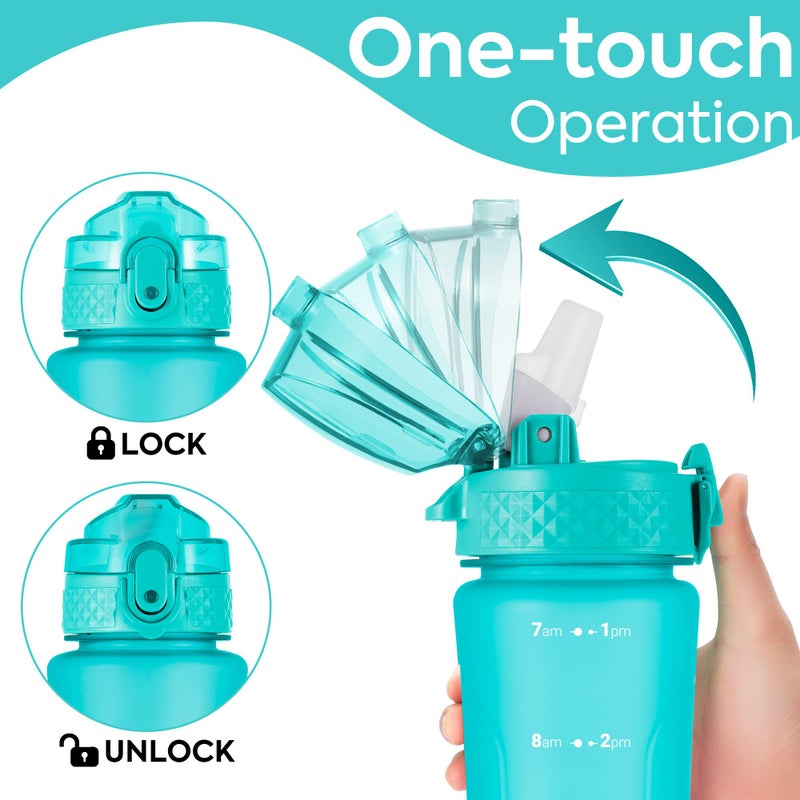 OLDLEY Kids Water Bottle with Straw for School Girls Boys, 15 oz Unbreakable Leak-Proof BPA-Free Motivational Water Bottles with Times to Drink for Travel Sports Gym, 1 Straw Lid, Mint - Image 2