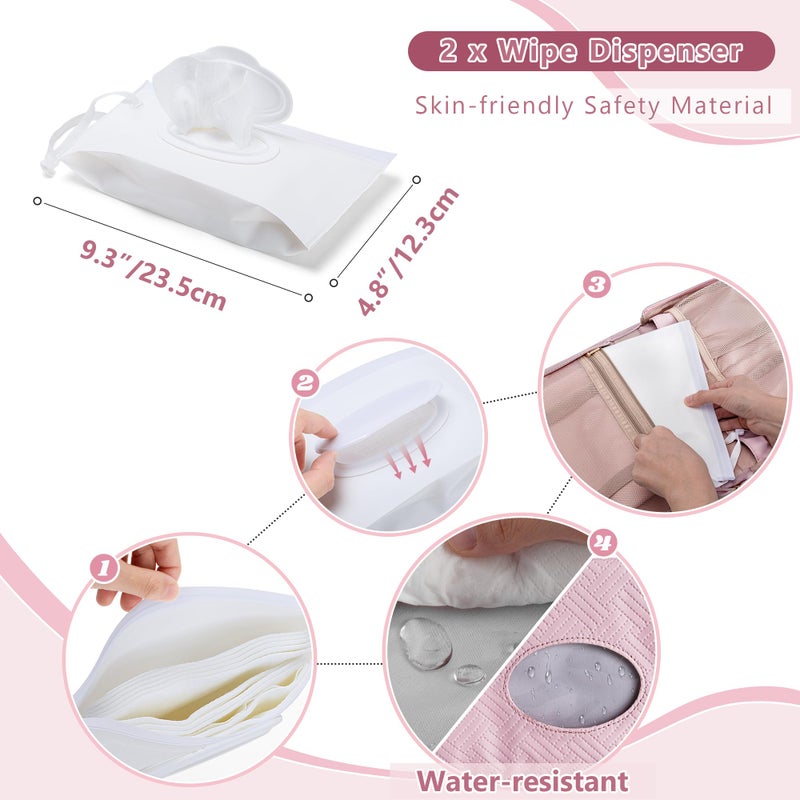 Rexmica Diaper Clutch Bag with 2 Pieces Wipes Dispensers, Small Diaper Bag with Multiple Pockets for Storage of Baby Necessities, Baby Travel Essential, Pink - Image 3