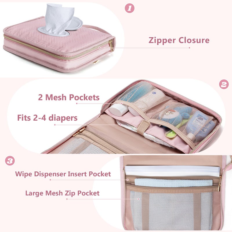 Rexmica Diaper Clutch Bag with 2 Pieces Wipes Dispensers, Small Diaper Bag with Multiple Pockets for Storage of Baby Necessities, Baby Travel Essential, Pink - Image 2