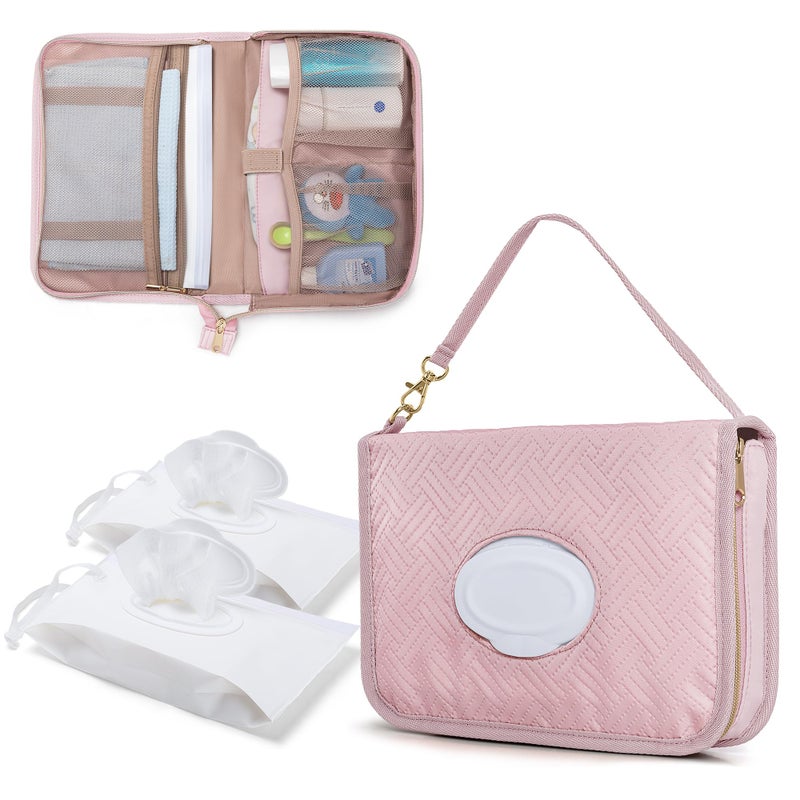 Rexmica Diaper Clutch Bag with 2 Pieces Wipes Dispensers, Small Diaper Bag with Multiple Pockets for Storage of Baby Necessities, Baby Travel Essential, Pink - Image 1