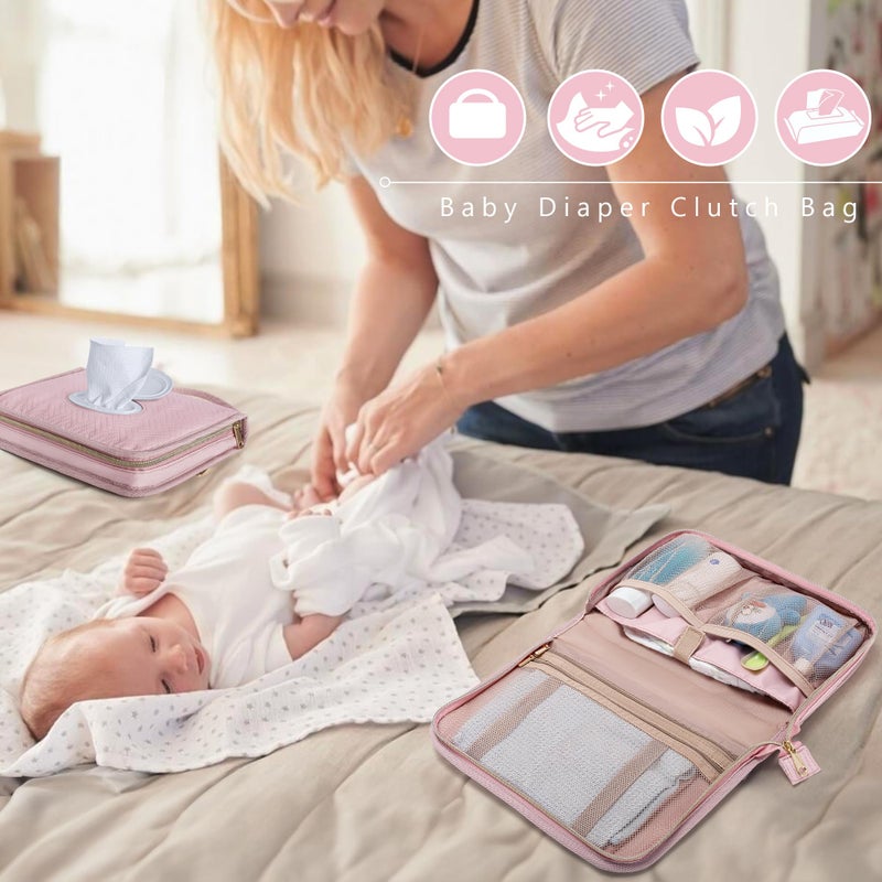 Rexmica Diaper Clutch Bag with 2 Pieces Wipes Dispensers, Small Diaper Bag with Multiple Pockets for Storage of Baby Necessities, Baby Travel Essential, Pink - Image 5