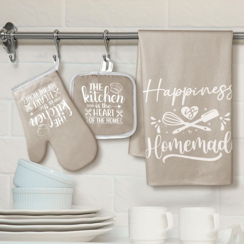 Sratte 6 Pcs Farmhouse Kitchen Towels Pot Holders Oven Mitts Set 2 Dish Towels 2 Potholders 2 Cooking Mittens Oven Glove for Baking Cooking Grilling Supply(Beige) - Image 2