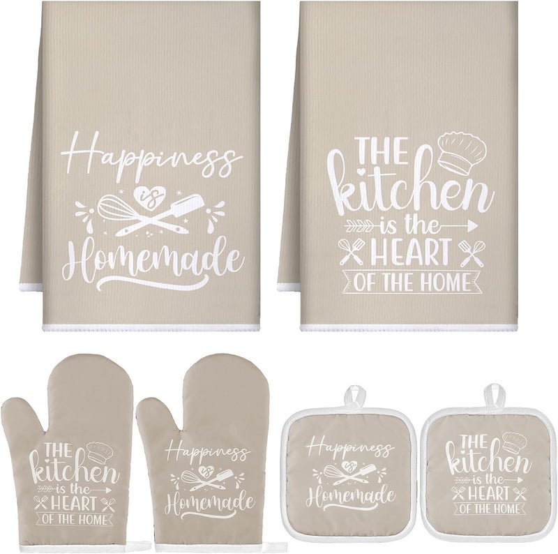 Sratte 6 Pcs Farmhouse Kitchen Towels Pot Holders Oven Mitts Set 2 Dish Towels 2 Potholders 2 Cooking Mittens Oven Glove for Baking Cooking Grilling Supply(Beige) - Image 1