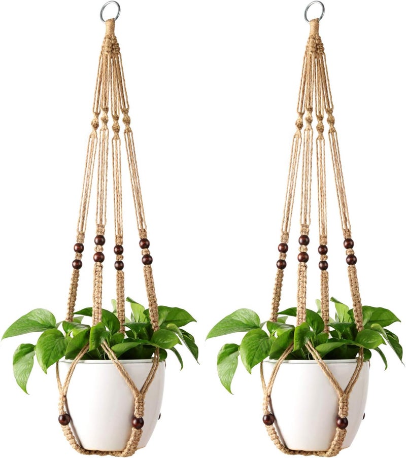 Mkono Macrame Plant Hanger Indoor Jute Hanging Planter Basket with Wood Beads Decorative Flower Pot Holder No Tassels for Indoor Outdoor Boho Home Decor 35 Inch, Brown, Set of 2 (POTS NOT Included) - Image 1