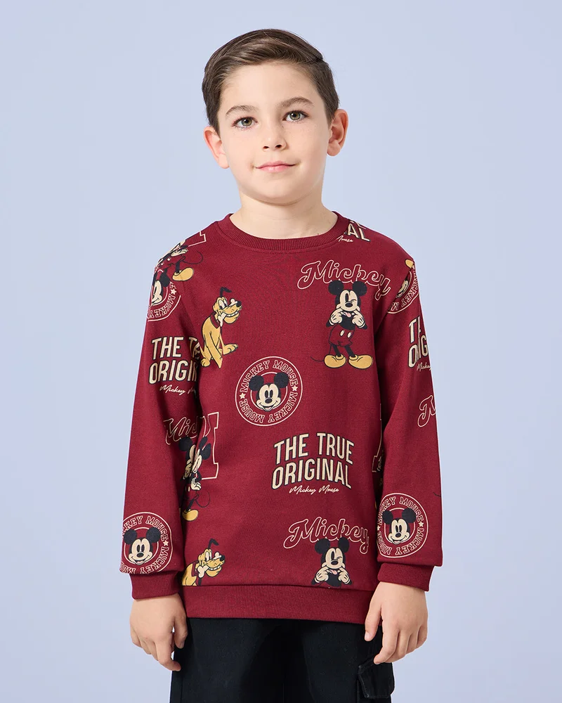 ردتاغ Boys Burgundy Mickey Mouse Print Sweatshirt