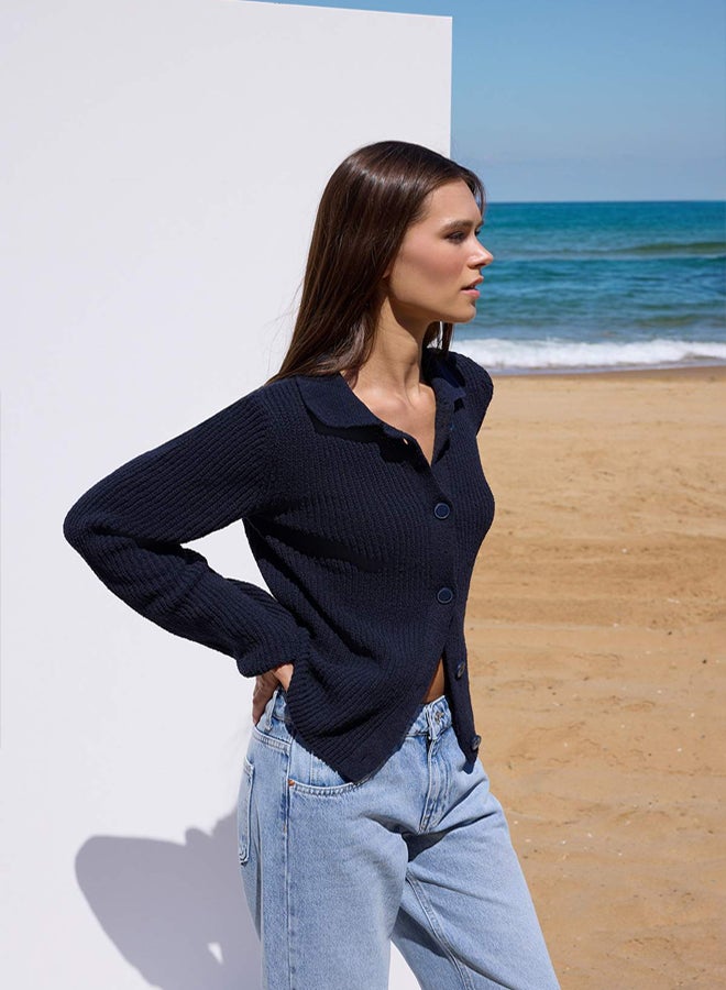 trendyol More Sustainable Navy Blue Basic Polo Neck Knit Cardigan - Image 2
