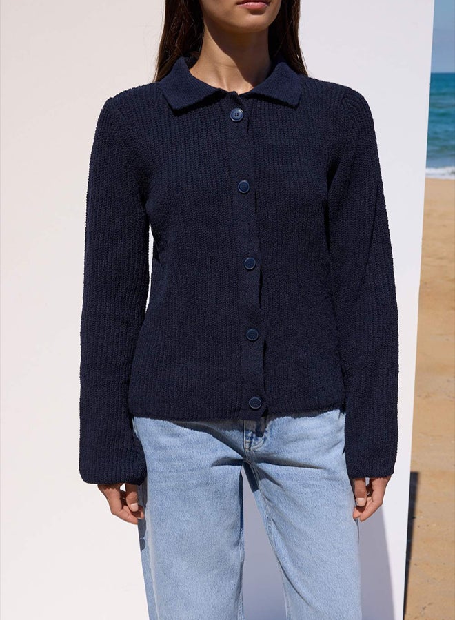 trendyol More Sustainable Navy Blue Basic Polo Neck Knit Cardigan - Image 3