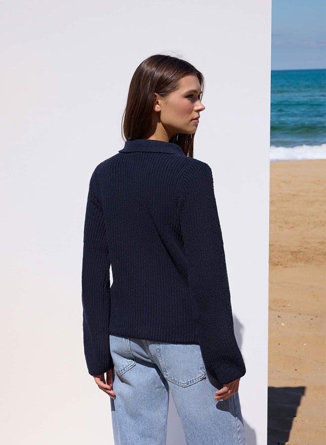 trendyol More Sustainable Navy Blue Basic Polo Neck Knit Cardigan - Image 4