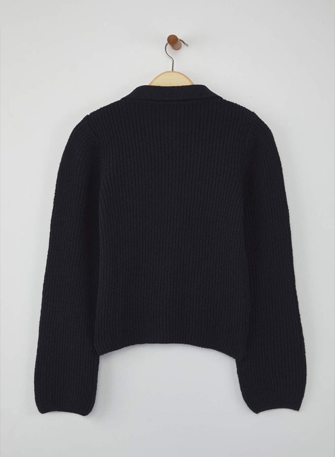 trendyol More Sustainable Navy Blue Basic Polo Neck Knit Cardigan - Image 5