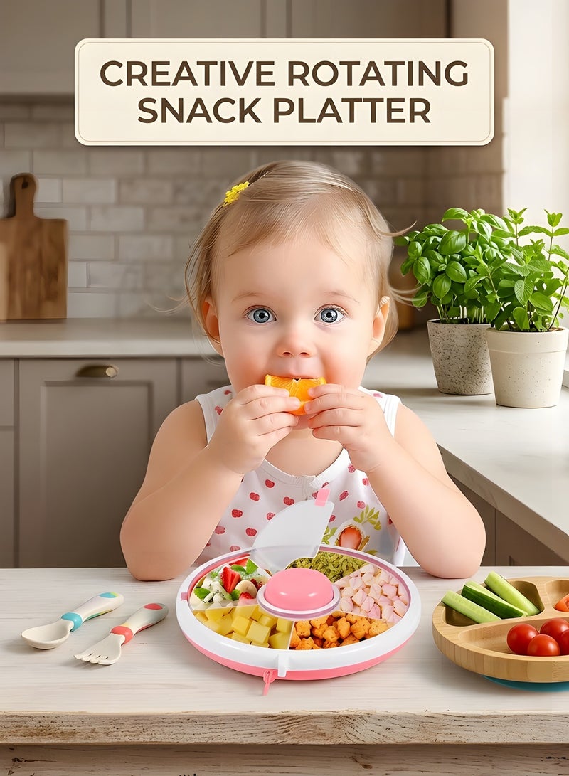 بيوينتي بوينتي صندوق الوجبات الخفيفة للأطفال,حاوية الوجبات الخفيفة الدوارة 360 درجة,الوجبات الخفيفة الدوارة التخزين مع 5 موزع المقصورة والغطاء,صندوق الوجبات الخفيفة القابلة لإعادة الاستخدام منظم الفاكهة الدوارة للسفر المنزلي - Image 5