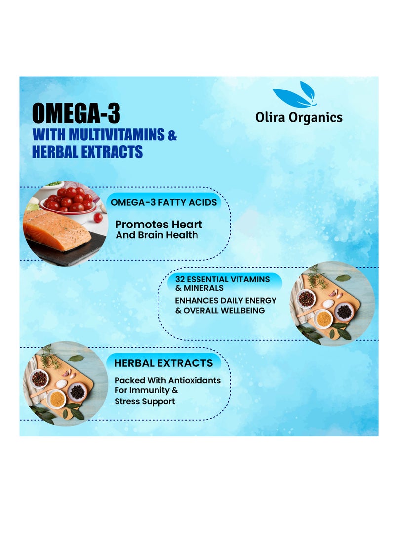 Olira Organics - Omega 3 + Multivitamin 60 Softgels | Supports Heart Health, Eye Vision & Bone Health - Image 1