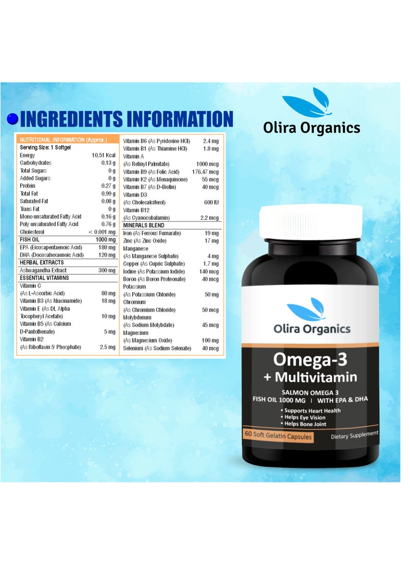 Olira Organics - Omega 3 + Multivitamin 60 Softgels | Supports Heart Health, Eye Vision & Bone Health - Image 1