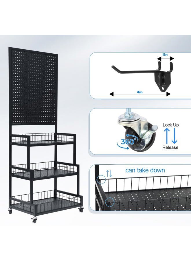 NectaCol Pegboard Panels, 3-Tiers Metal Pegboard Display Stand with Peg Board Panel, Standing Pegboard Display Rack, Craft Show Display, Art Display and Retail Display Stand with 10 Hooks - Black - Image 3