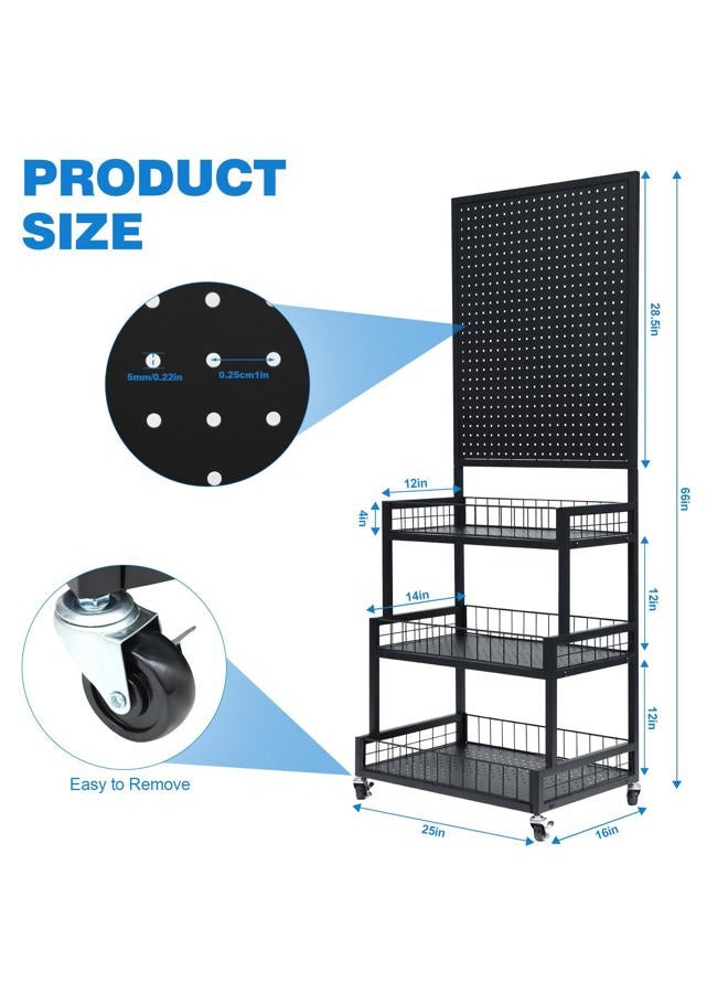 NectaCol Pegboard Panels, 3-Tiers Metal Pegboard Display Stand with Peg Board Panel, Standing Pegboard Display Rack, Craft Show Display, Art Display and Retail Display Stand with 10 Hooks - Black - Image 2